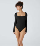 NWT Halara Ribbed Knit Square Neck Long Sleeve Skinny Casual Bodysuit Black M