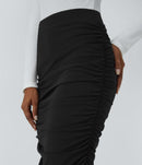 NWT Halara High Waisted Ruched Midi Bodycon Casual Skirt Black L
