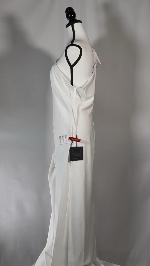 Mac Duggal NWT White Crepe One Shoulder Bow Maxi Sheath Gown Side Slit Size 10