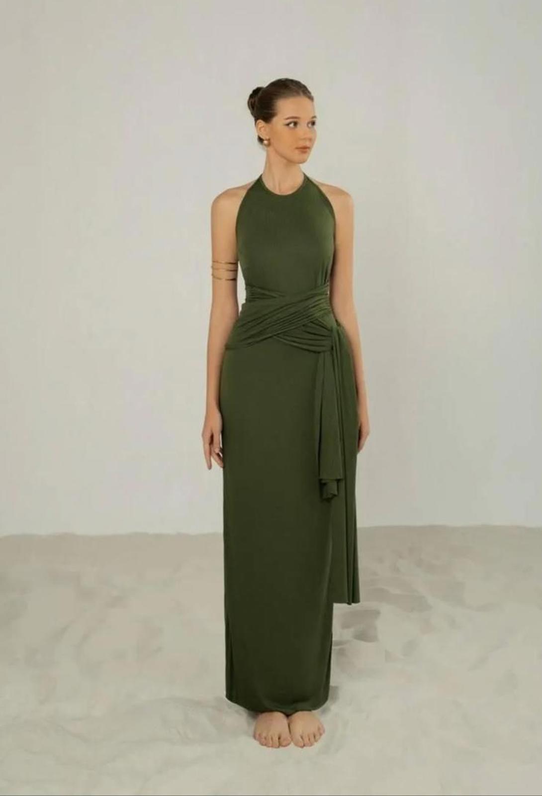 Atelier Olive Green Maxi Dress with Tie Detail Size M