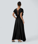 NWT Halara Deep V Neck Butterfly Sleeve Pocket Flowy Maxi Casual Dress Black L
