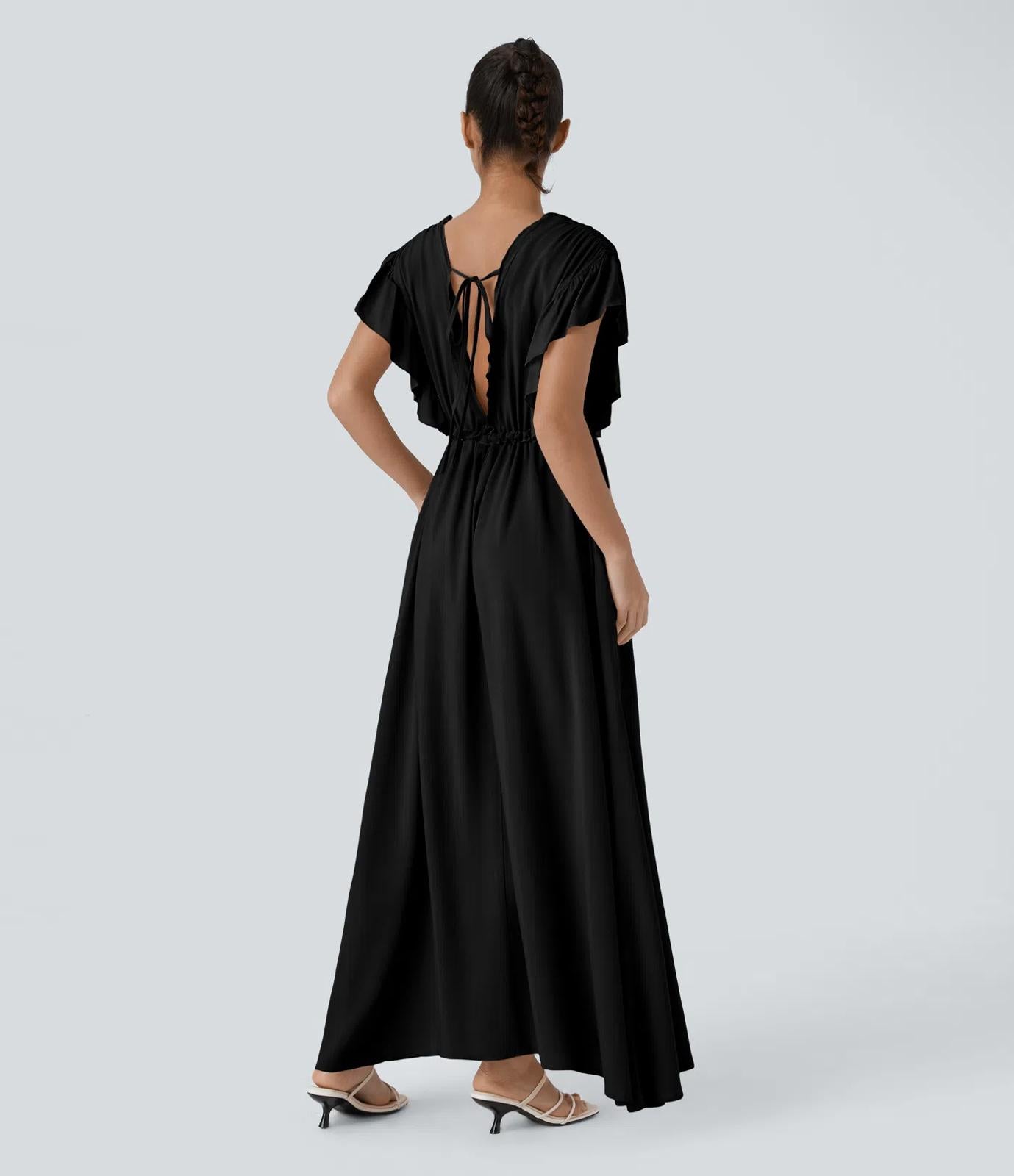 NWT Halara Deep V Neck Butterfly Sleeve Pocket Flowy Maxi Casual Dress Black L