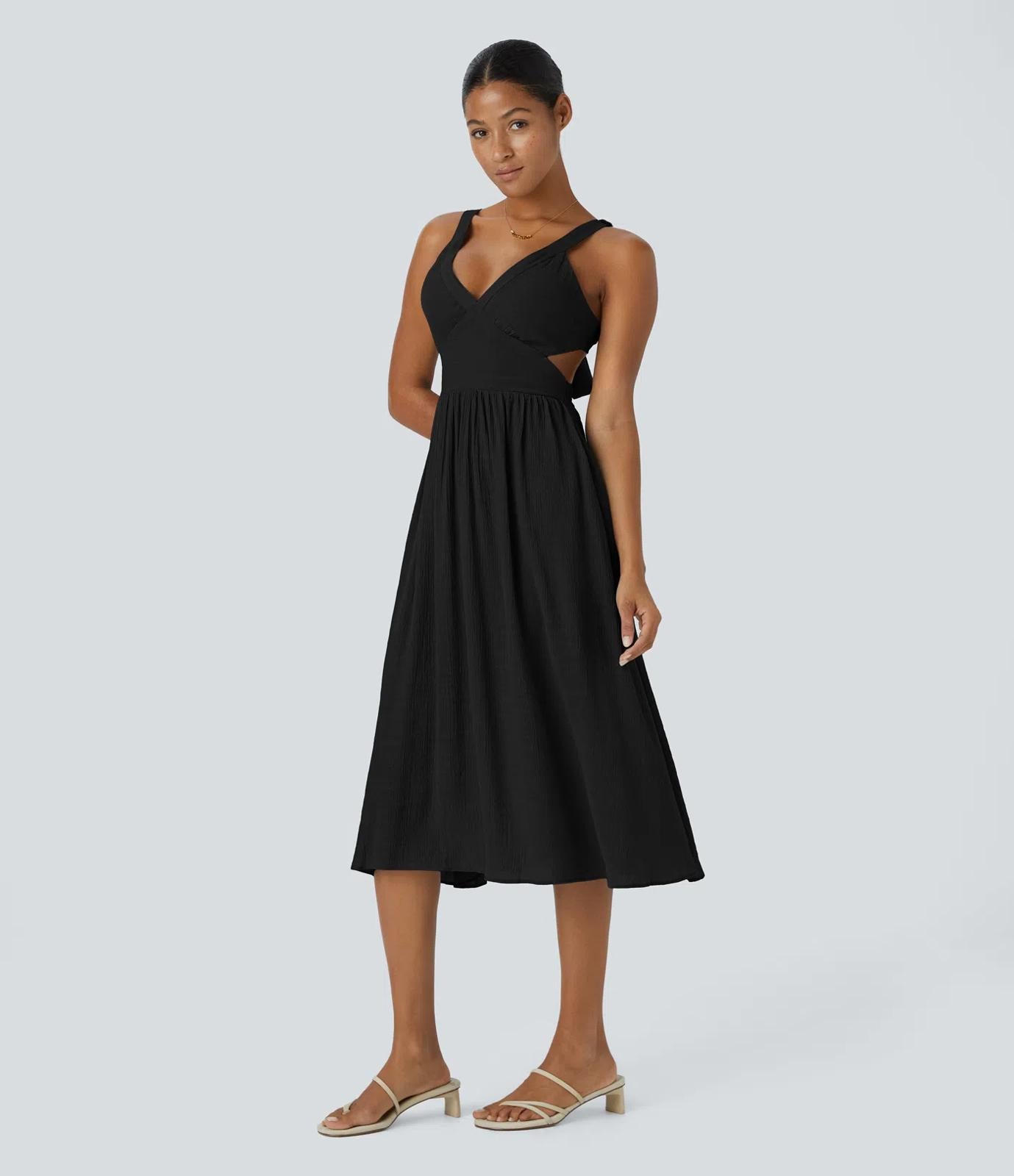 NWT Halara Deep V Neck Sleeveless Tie Back Pocket Flowy Dress Black -Size M