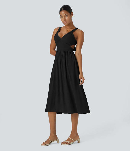 NWT Halara Deep V Neck Sleeveless Tie Back Pocket Flowy Dress Black -Size M