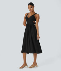 NWT Halara Deep V Neck Sleeveless Tie Back Cut Out Pocket Flowy Dress Black - M