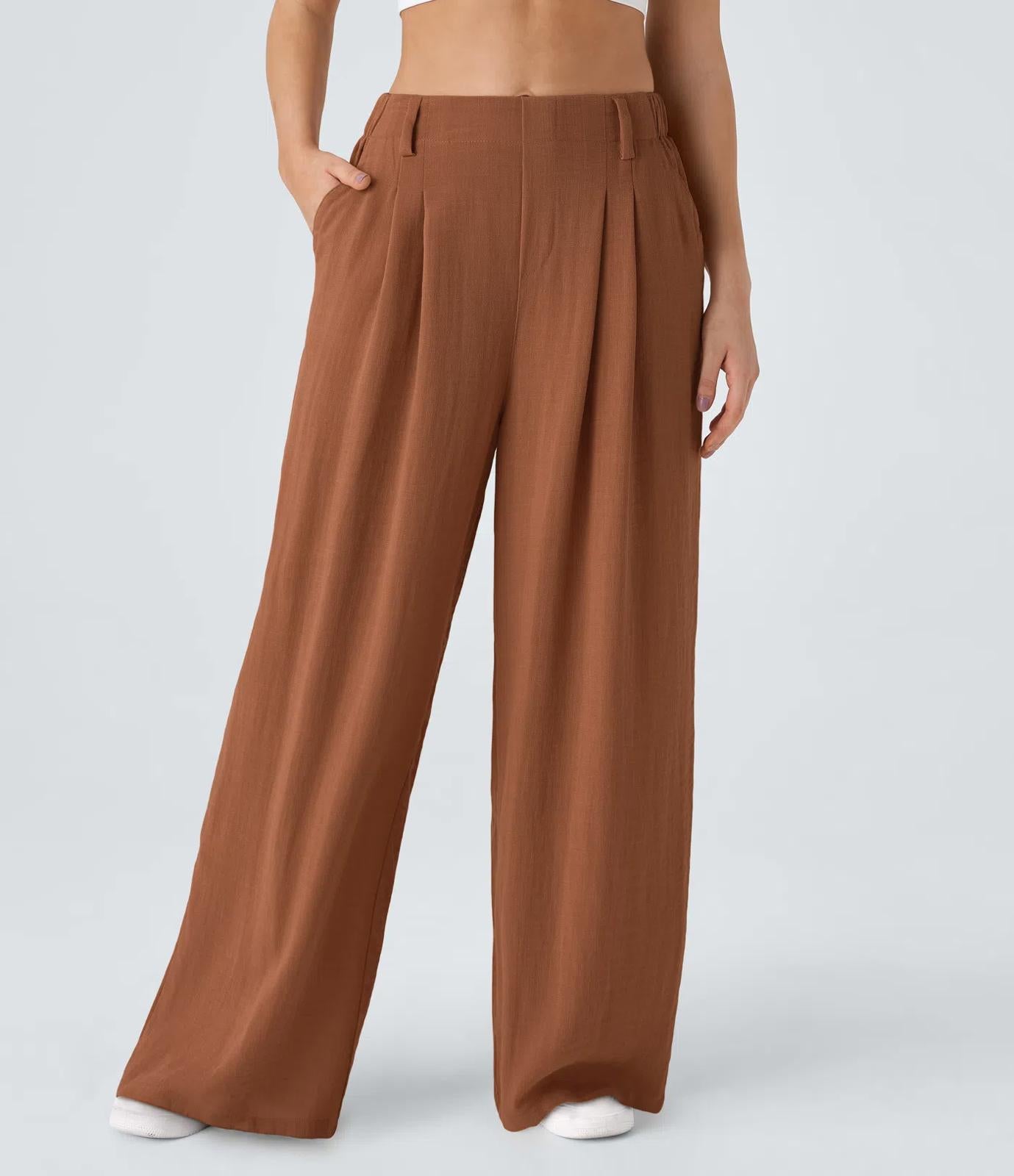 NWT Halara High Waisted Wide Leg Flowy Palazzo Casual Linen-Feel Pants Sierra 3X