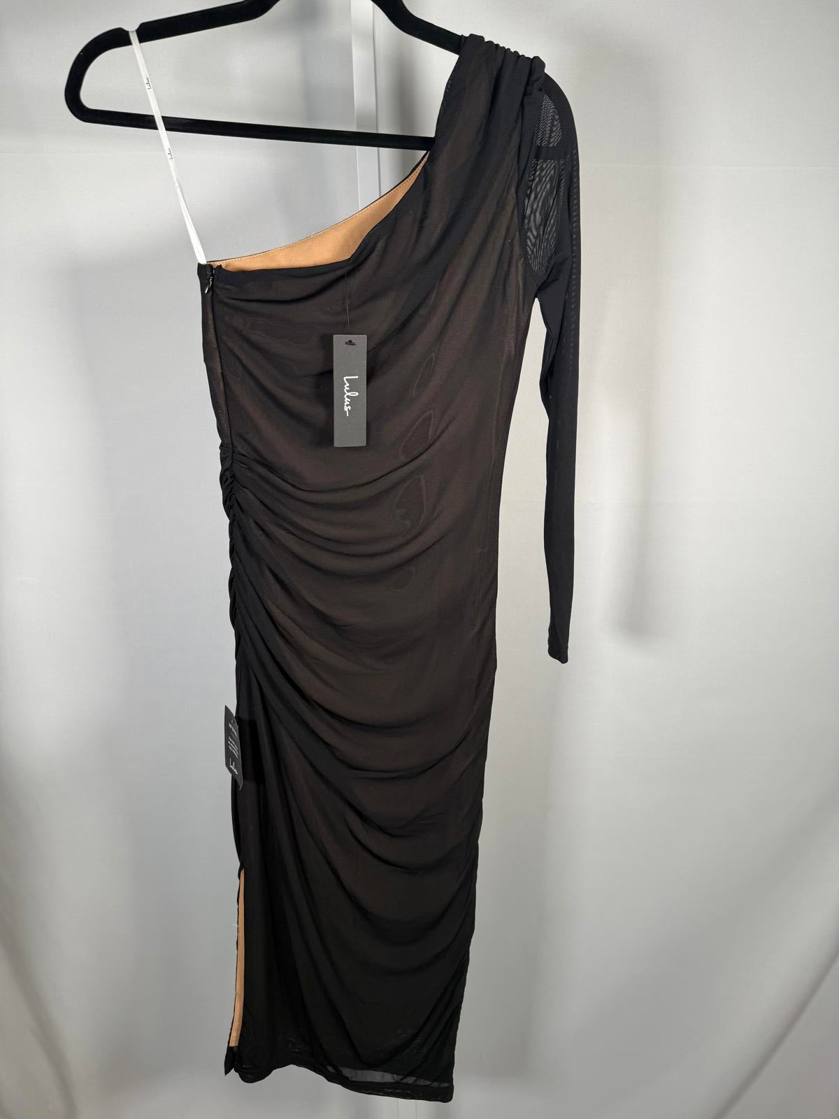 NWT Lulus Enticing Perfection Black and Beige Mesh One-Shoulder Midi Dress XS