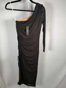 NWT Lulus Enticing Perfection Black and Beige Mesh One-Shoulder Midi Dress XS