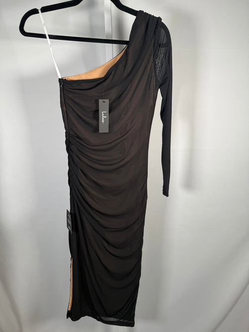 NWT Lulus Enticing Perfection Black and Beige Mesh One-Shoulder Midi Dress XS
