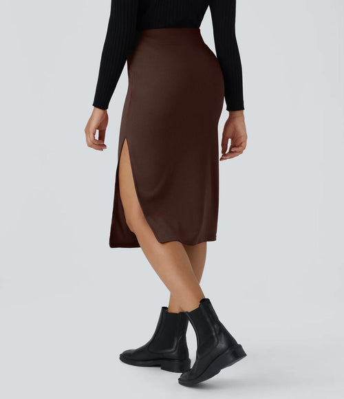 NWT Halara Ribbed High Waisted Bodycon Midi Casual Skirt Chestnut S