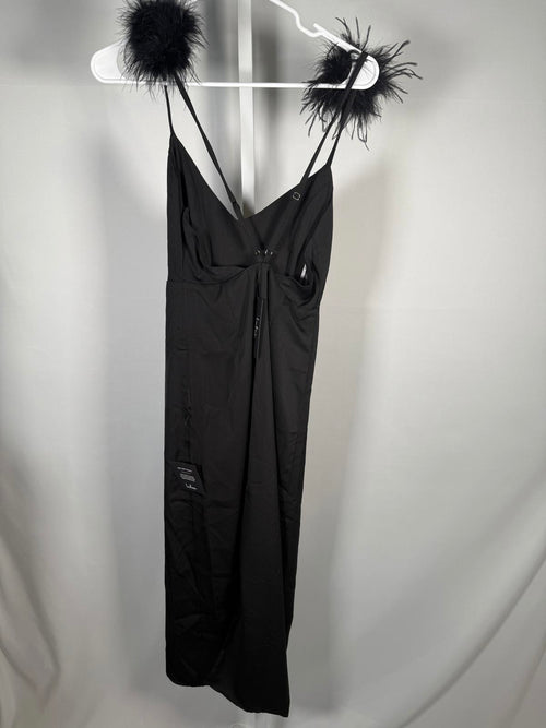 NWT Lulus Exquisite Invite Black Satin Feather Backless Midi Size XS