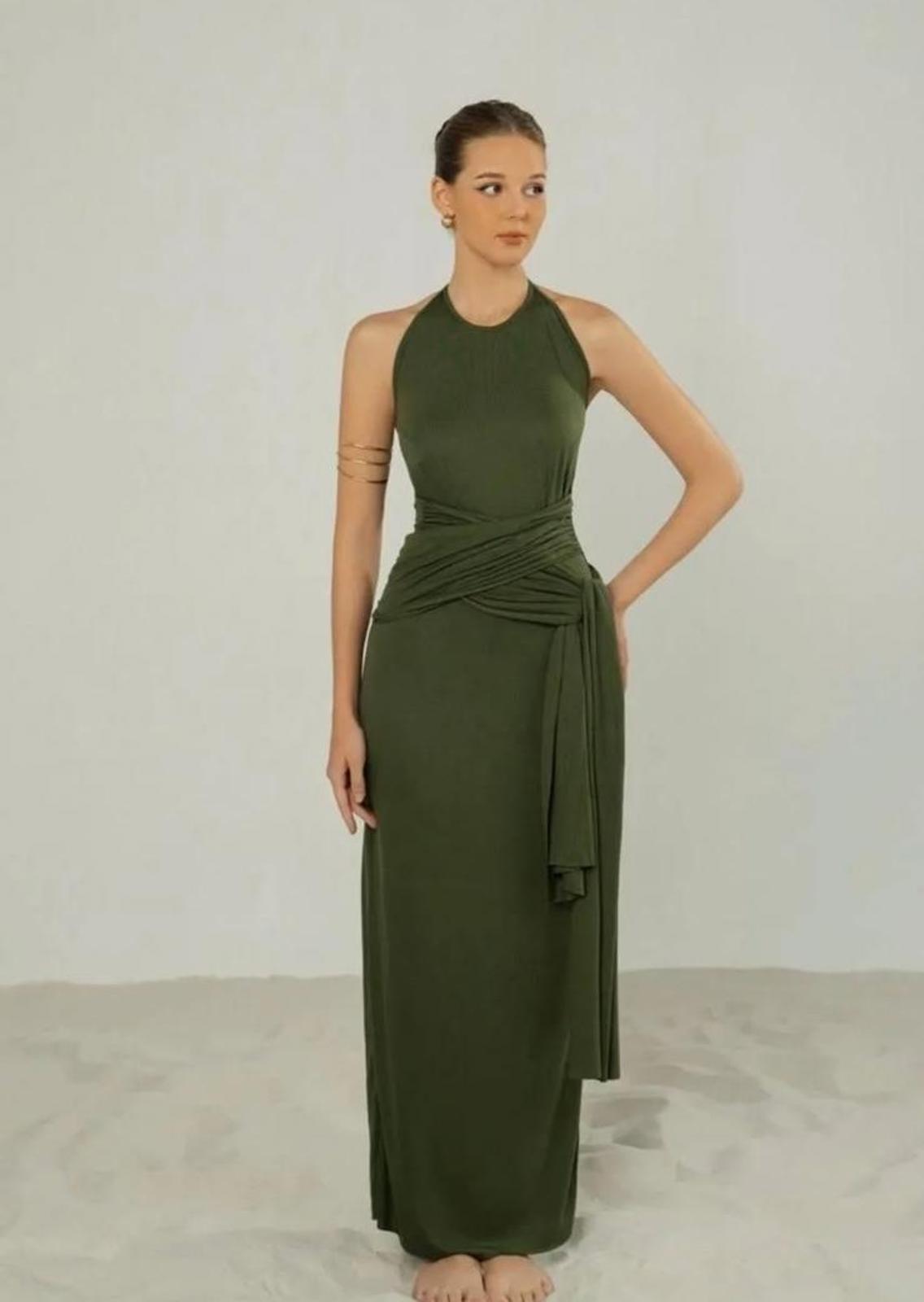 Atelier Olive Green Maxi Dress with Tie Detail Size M