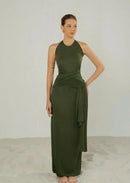 Atelier Olive Green Maxi Dress with Tie Detail Size M