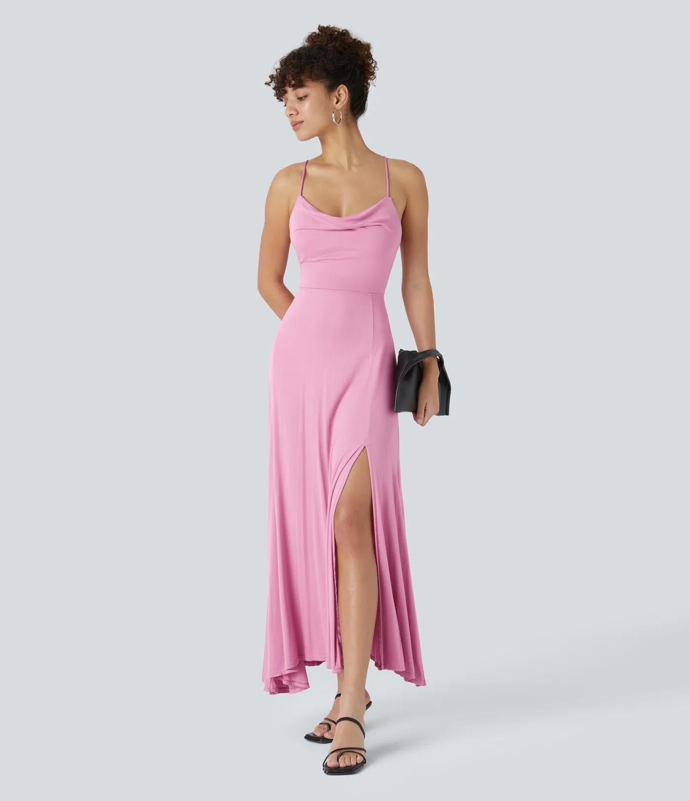 NWT Halara Ribbed Cowl Neck Lace Up Midi Dress Sweet Lilac XL