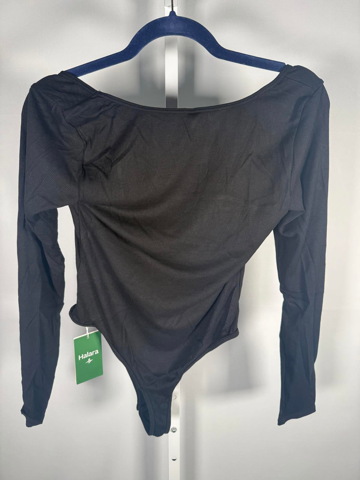 NWT Halara Ribbed Knit Square Neck Long Sleeve Skinny Casual Bodysuit Black M