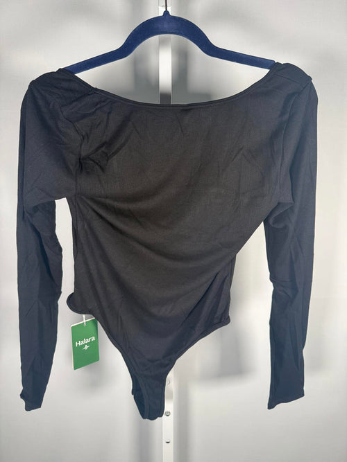 NWT Halara Ribbed Knit Square Neck Long Sleeve Skinny Casual Bodysuit Black M