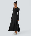 NWT Halara Henley Long Sleeve Flare Maxi Casual Dress Black Size XL