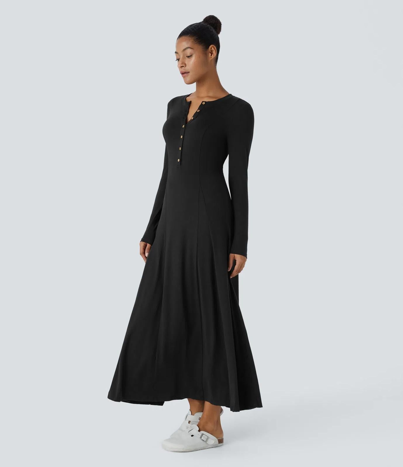 NWT Halara Henley Long Sleeve Flare Maxi Casual Dress Black Size XL