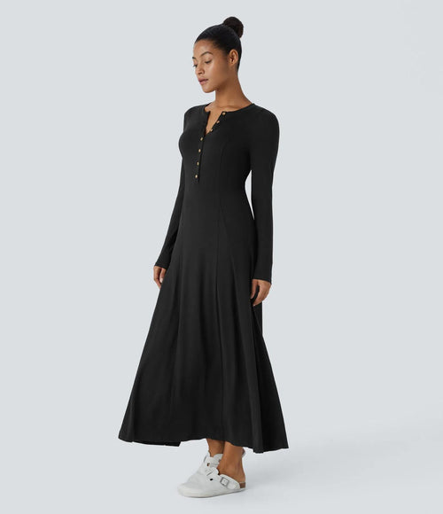NWT Halara Henley Long Sleeve Flare Maxi Casual Dress Black Size XL