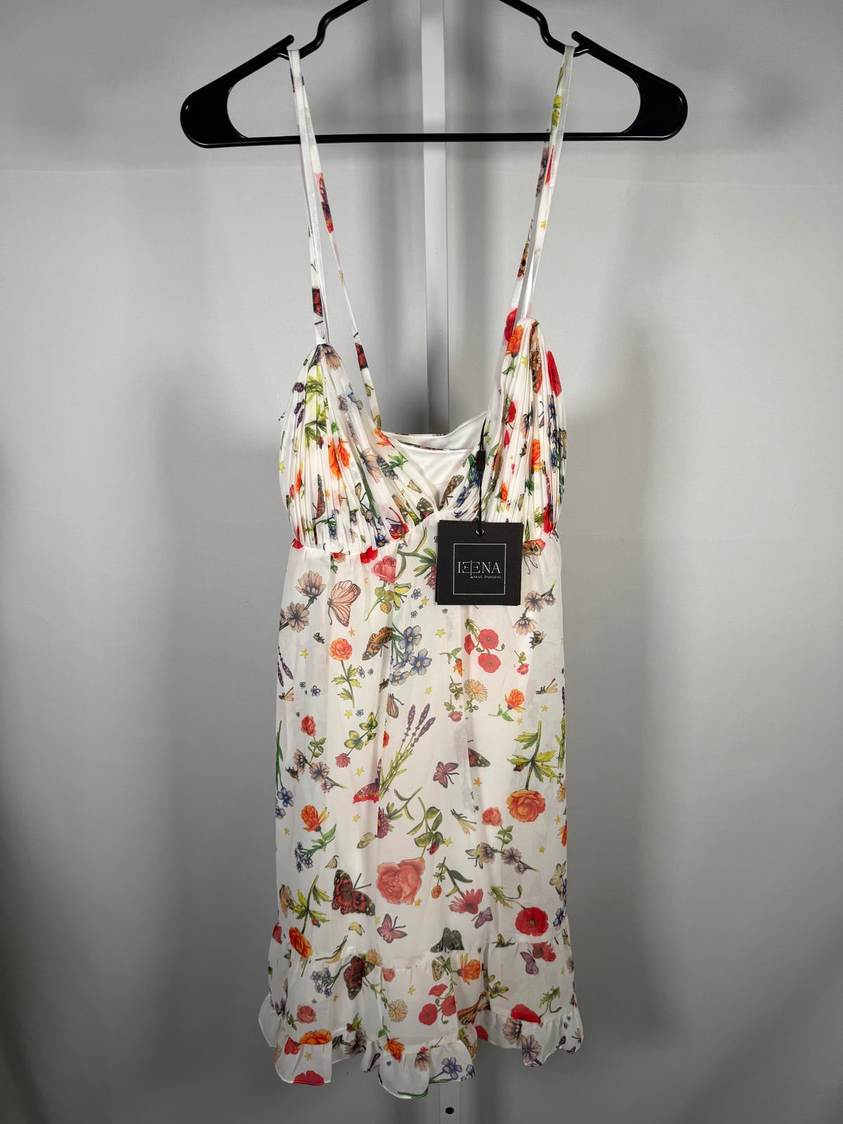 NWT Mac Duggal White Butterfly Print Ruffle Hem Mini Dress Size 4