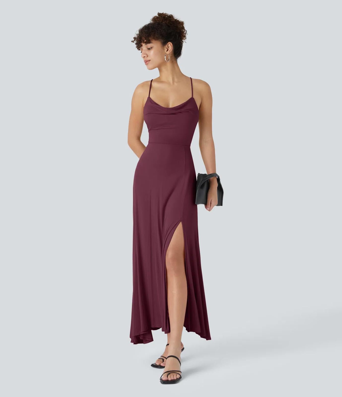 NWT Halara Ribbed Cowl Neck Lace Up Midi Dress Maroon Banner, Size - Small