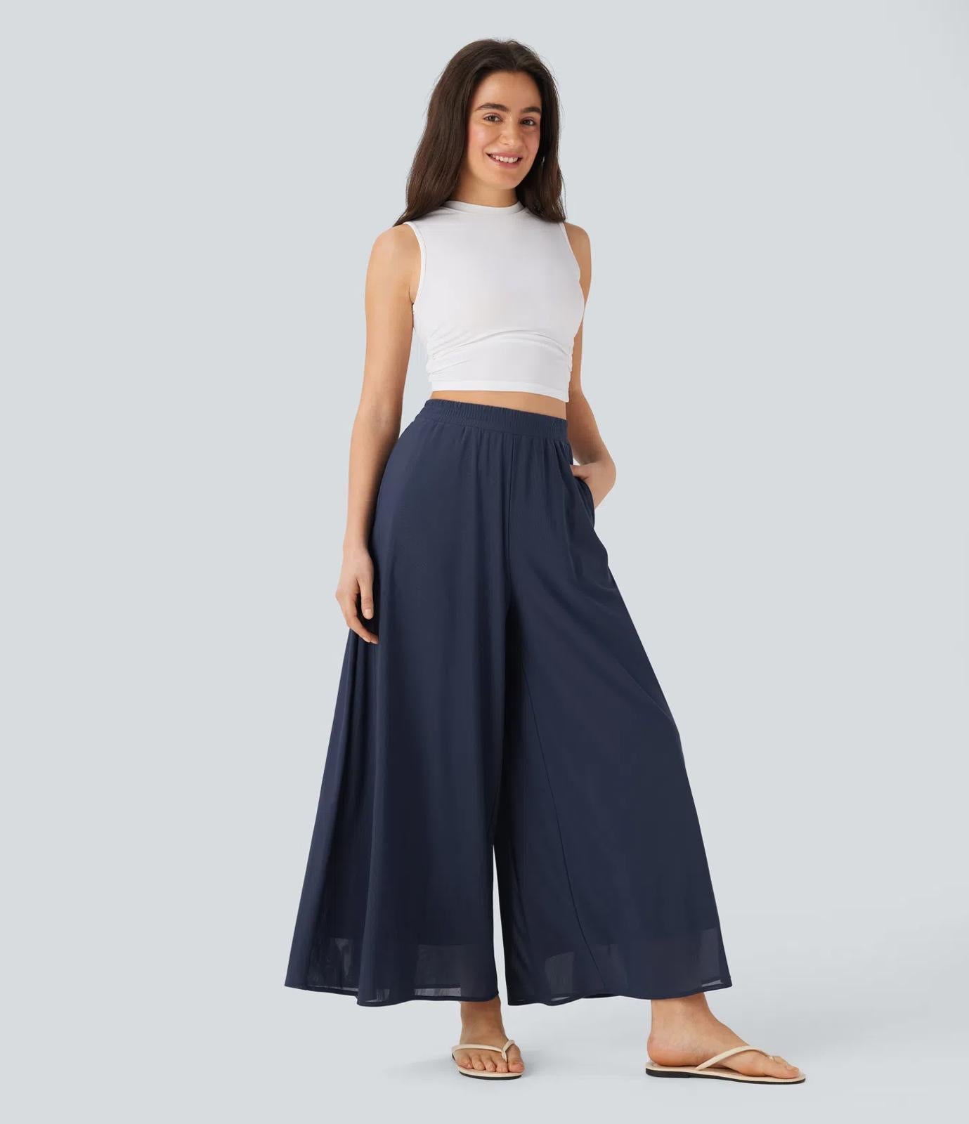 NWT Halara High Waisted Mesh Overlay Wide Leg Casual Pants Naval Academy S