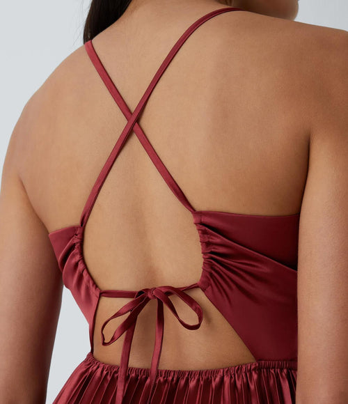 NWT Halara V Neck Lace Up Pleated Midi Dress Plum Blossom Red L