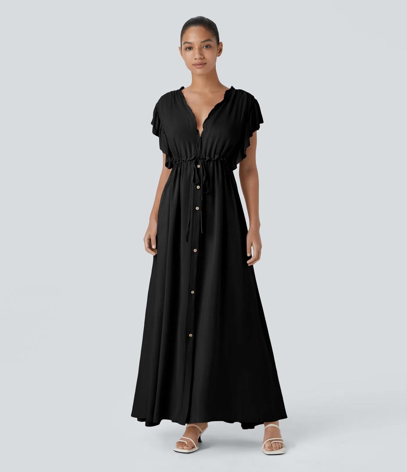 NWT Halara Deep V Neck Butterfly Sleeve Pocket Flowy Maxi Casual Dress Black L