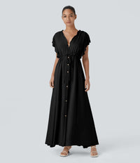 NWT Halara Deep V Neck Butterfly Sleeve Pocket Flowy Maxi Casual Dress Black L