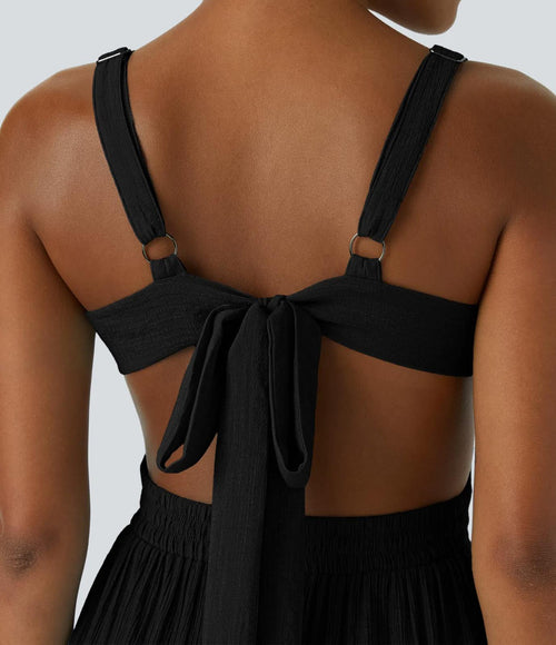 NWT Halara Deep V Neck Sleeveless Tie Back Cut Out Pocket Flowy Dress Black - M