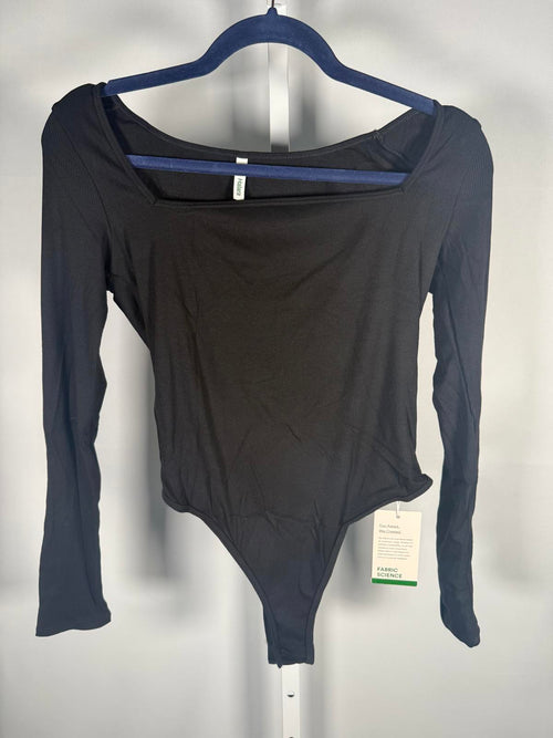 NWT Halara Ribbed Knit Square Neck Long Sleeve Skinny Casual Bodysuit Black L