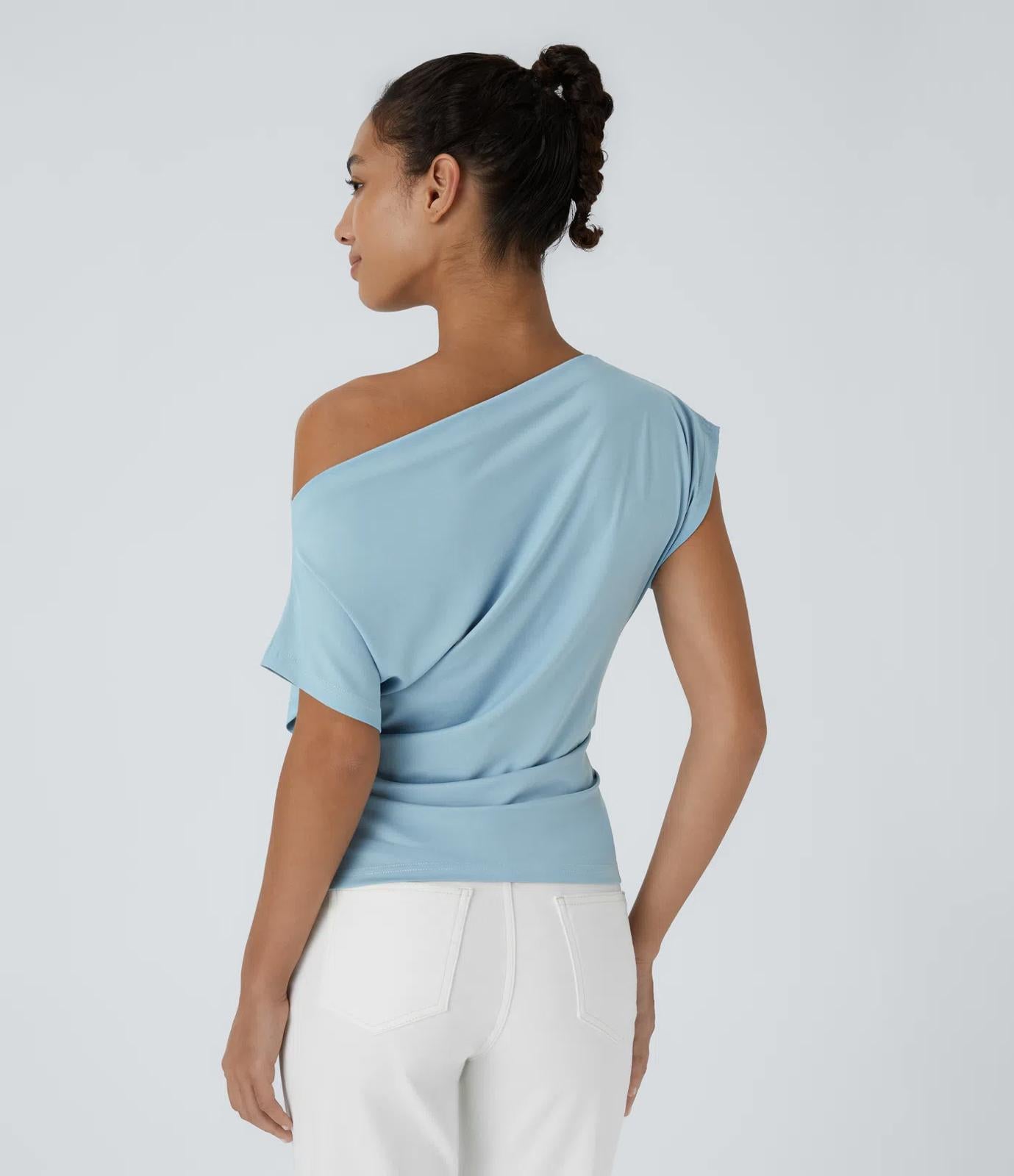 NWT Halara Off Shoulder Short Sleeve Ruched Casual Top Corydalis Blue XL