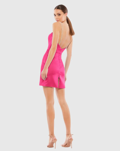 NWT Mac Duggal Apparel  Candy Pink Rhinestone Strap Satin Mini Dress Size 2