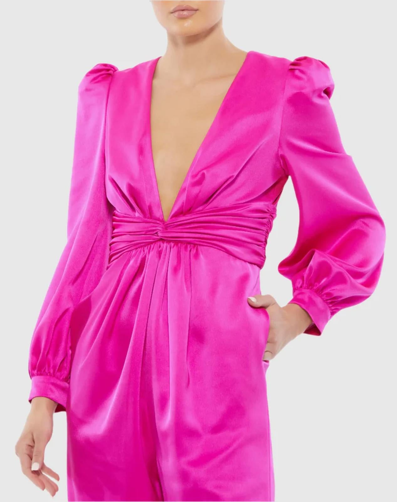 NWT Mac Duggal Pink Front Twist Puff Sleeve Deep V Jumpsuit Size 2