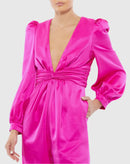 NWT Mac Duggal Pink Front Twist Puff Sleeve Deep V Jumpsuit Size 2