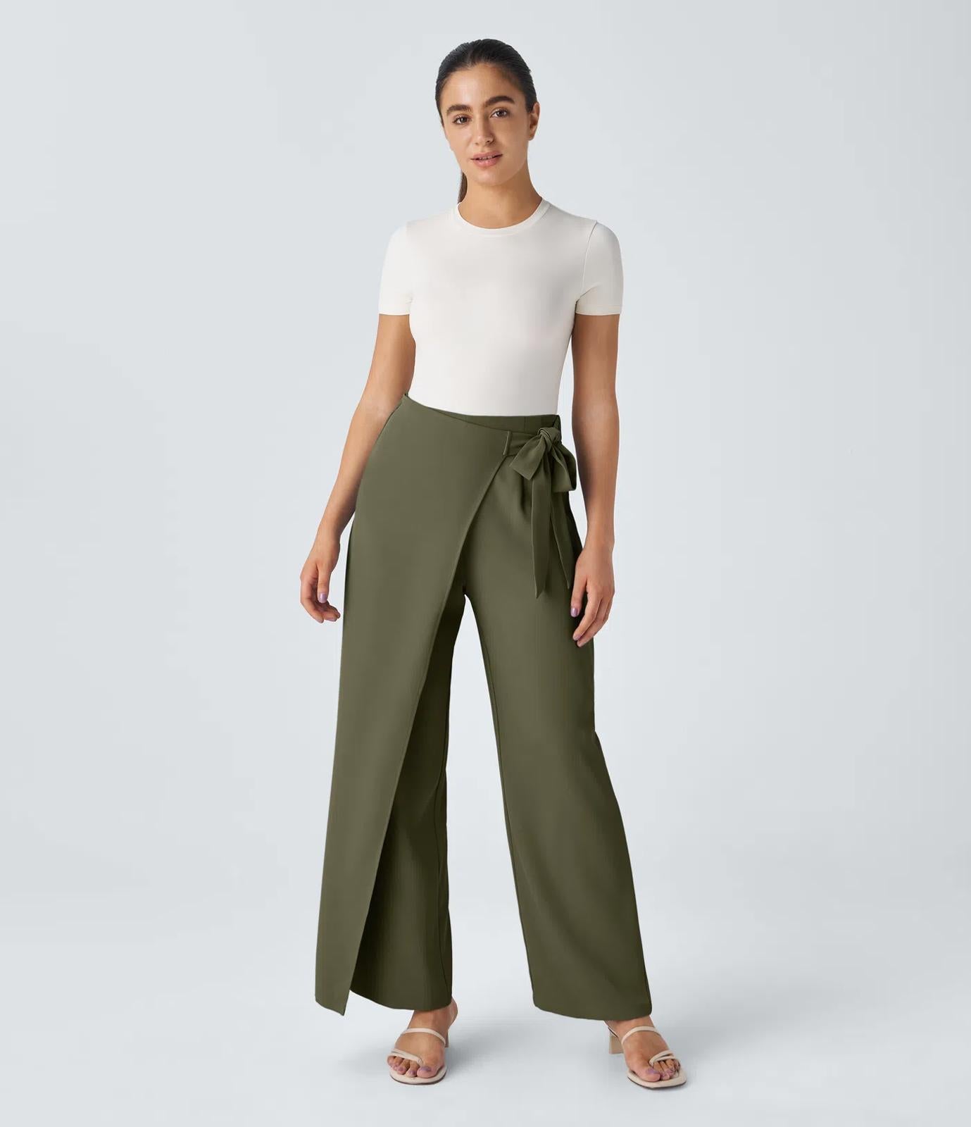 NWT Halara High Waisted Tie Side Wide Leg Work Pants Burnt Olive Size Large
