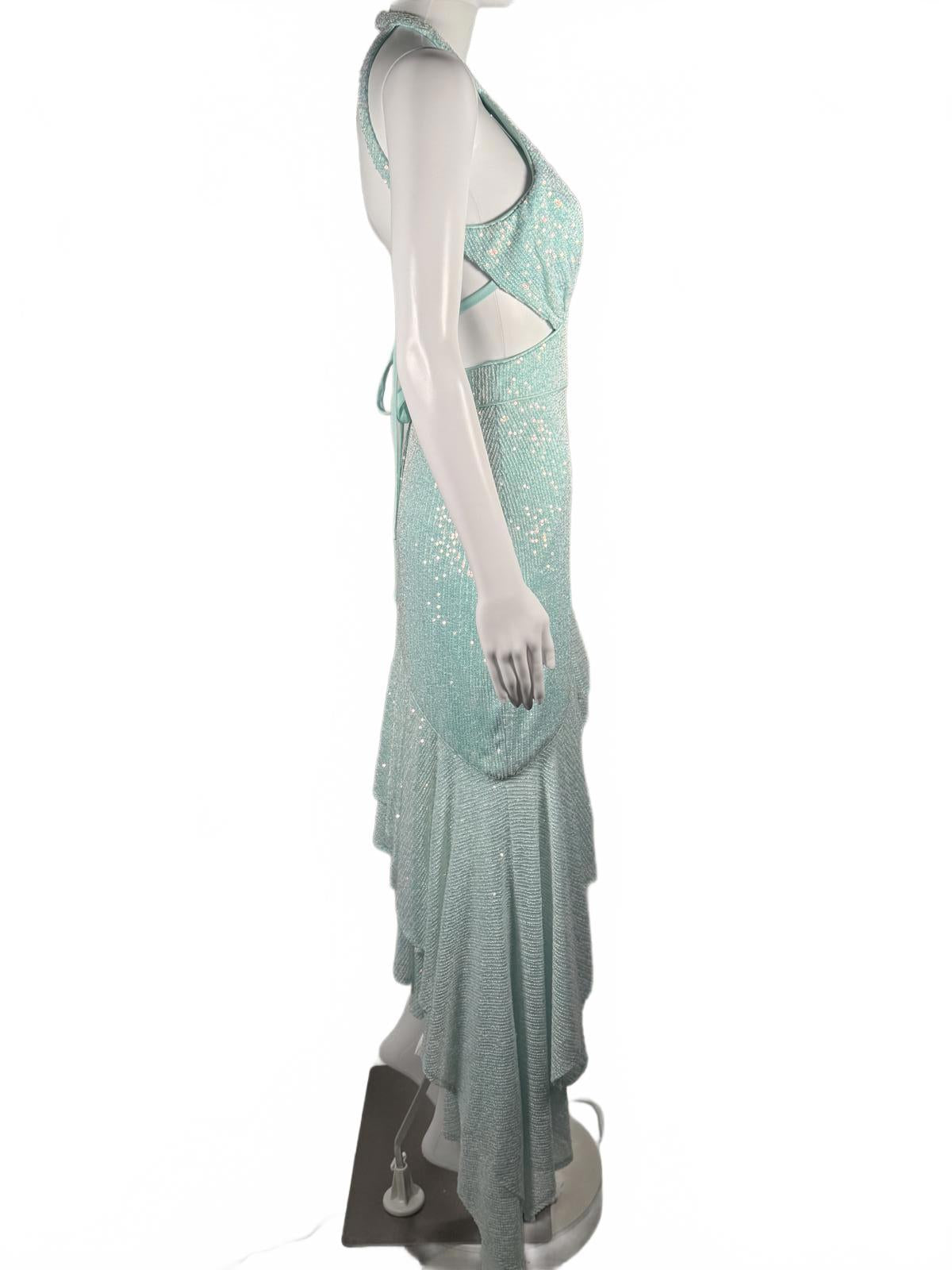 MAC DUGGAL Sequined Halter Cut Out Ruffle Asymmetrical Dress Size 2