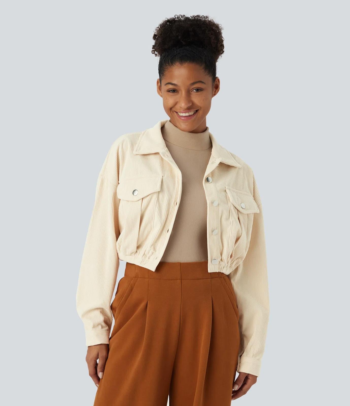 NWT Halara Pocket Cropped Corduroy Casual Jacket Cloud Cream Size S