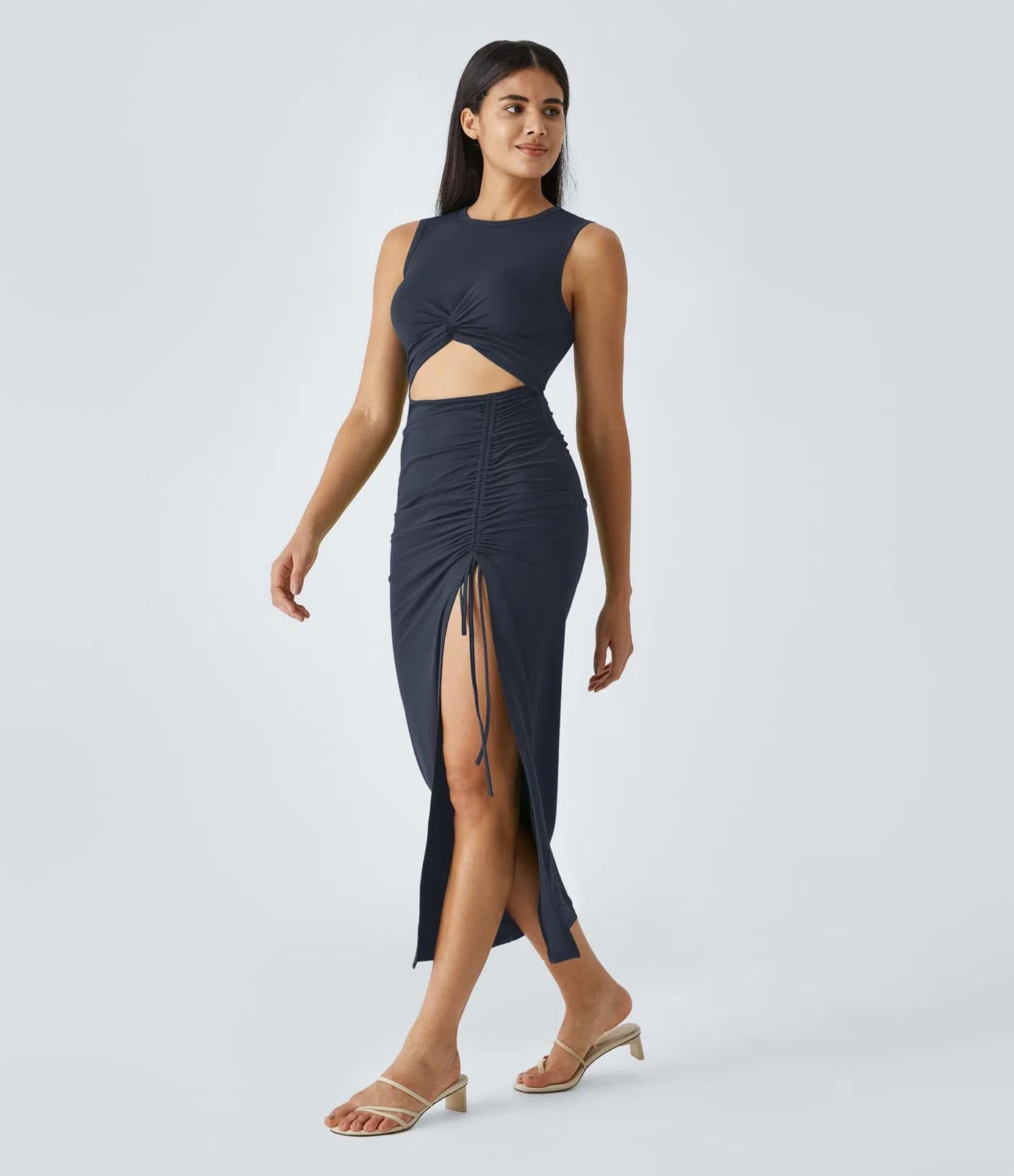 NWT Halara Round Neck Cut Out Ruched Drawstring Hem Bodycon Maxi Dress Size M