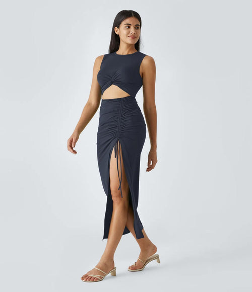 NWT Halara Round Neck Cut Out Ruched Drawstring Hem Bodycon Maxi Dress Size M