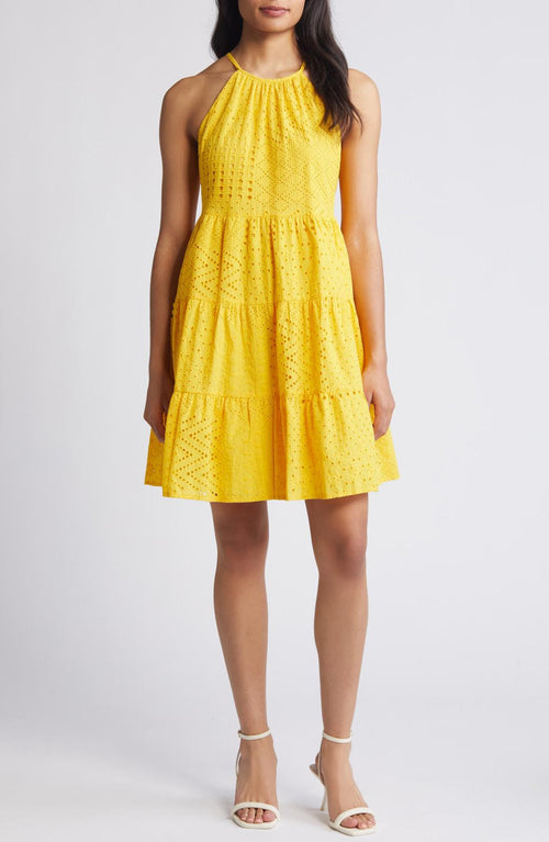 NWT Eliza J Yellow Midi Dress with Eyelet Detail Size 4
