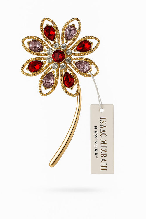 NWT Isaac Mizrahi Holiday Floral Brooch with red and pink crystals