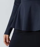 NWT Halara Square Neck Long Sleeve Ruffle Hem Work Top Dark Sapphire M