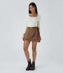 NWT Halara Suede Wrap Side Tie Mini Skirt in Pecan Pie Small
