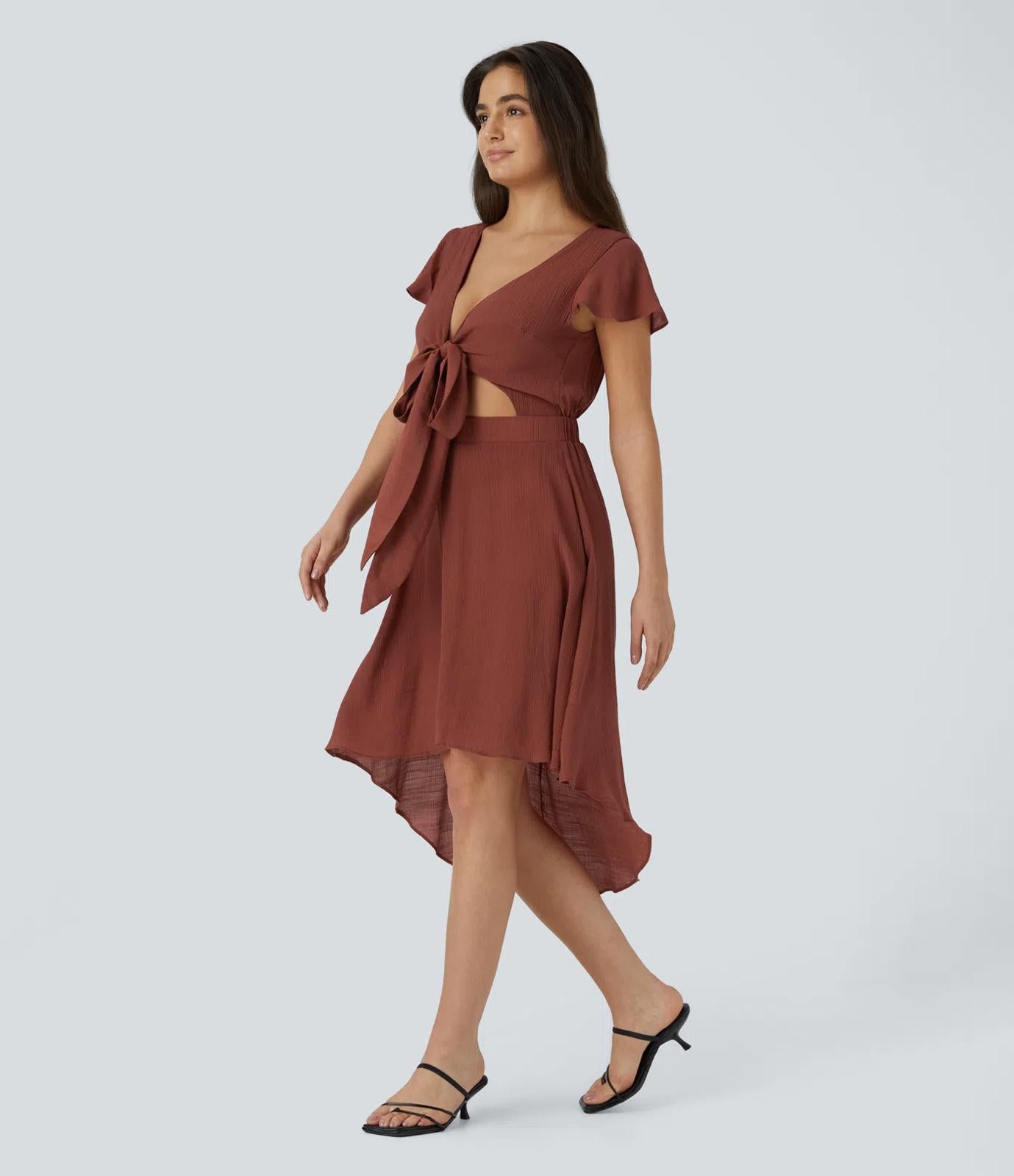 NWT Halara V Neck Tie Front & Back Cut Out High Low Flowy Midi Brandy Snifter XS
