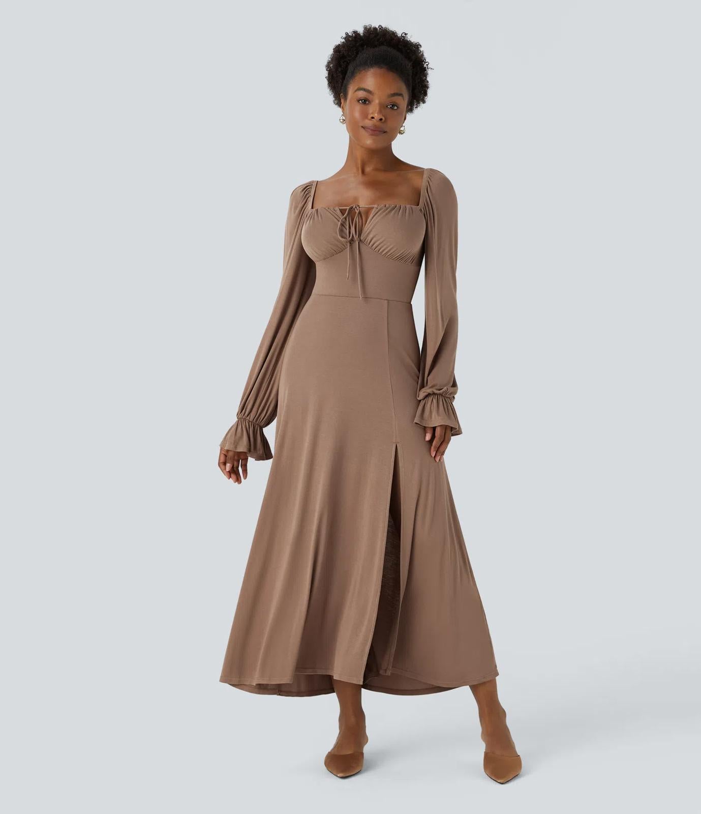 NWT Halara Square Neck Tie Front Flounce Long Sleeve Hem Midi Dress Beaver Fur M