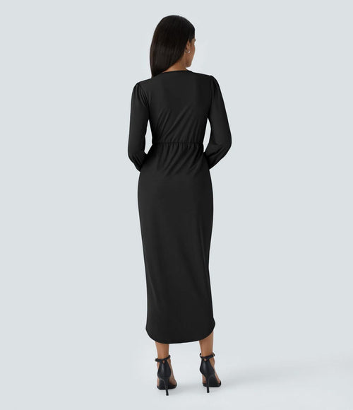 NWT Halara V Neck Long Sleeve Tulip Hem Midi Dress Black Size S