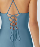 NWT Halara Ribbed Cowl Neck Lace Up Midi Dress Rainy Sky Blue L