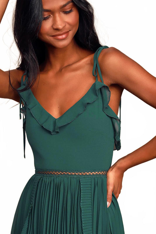 Lulus Never a Dull Moment Emerald Green Tie-Strap Pleated Midi Dress - XXS NWT