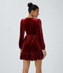 NWT Halara Deep V Neck Long Sleeve Ruffle Hem Velvet Mini Chill Dress Sangria XS